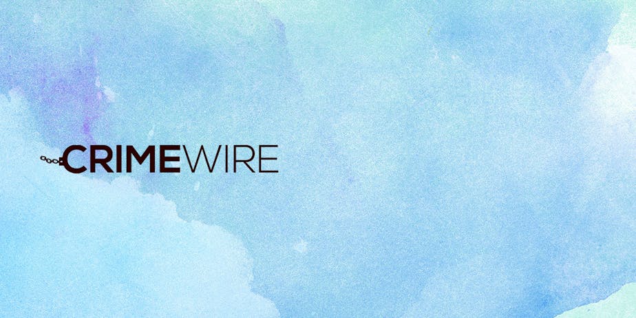 Blue background with black Crime Wire logo. Blue background with black Crime Wire logo.